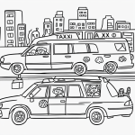 A simple black and white coloring page featuring a taxi driving in a city, designed for kids with clear outlines and no shading, perfect for a coloring book.