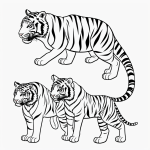 A simple black and white coloring page depicting a tiger family, perfect for kids. The line art features clear outlines, ideal for coloring books.