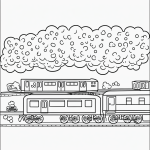 A simple black and white coloring page featuring a train with smoke, designed for kids to color, with clear outlines and no shading.