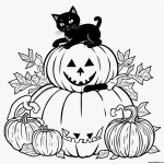 A simple black and white line art coloring page featuring a black cat with a pumpkin, designed for kids to color with clear outlines and no shading.