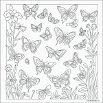 A simple black and white coloring page of butterflies in a garden, with clear line art outlines perfect for kids to color and explore their creativity.