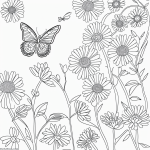 A simple black and white coloring page showing a butterfly flying over flowers, ideal for kids, with clear outlines suitable for a coloring book.