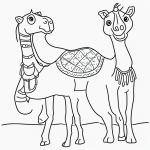 Simple black and white coloring page of a camel in the desert, featuring clear line art and suitable for kids' coloring books.