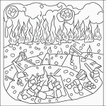 A simple black and white campfire coloring page for kids, featuring a campfire with marshmallows, designed as line art suitable for a coloring book.
