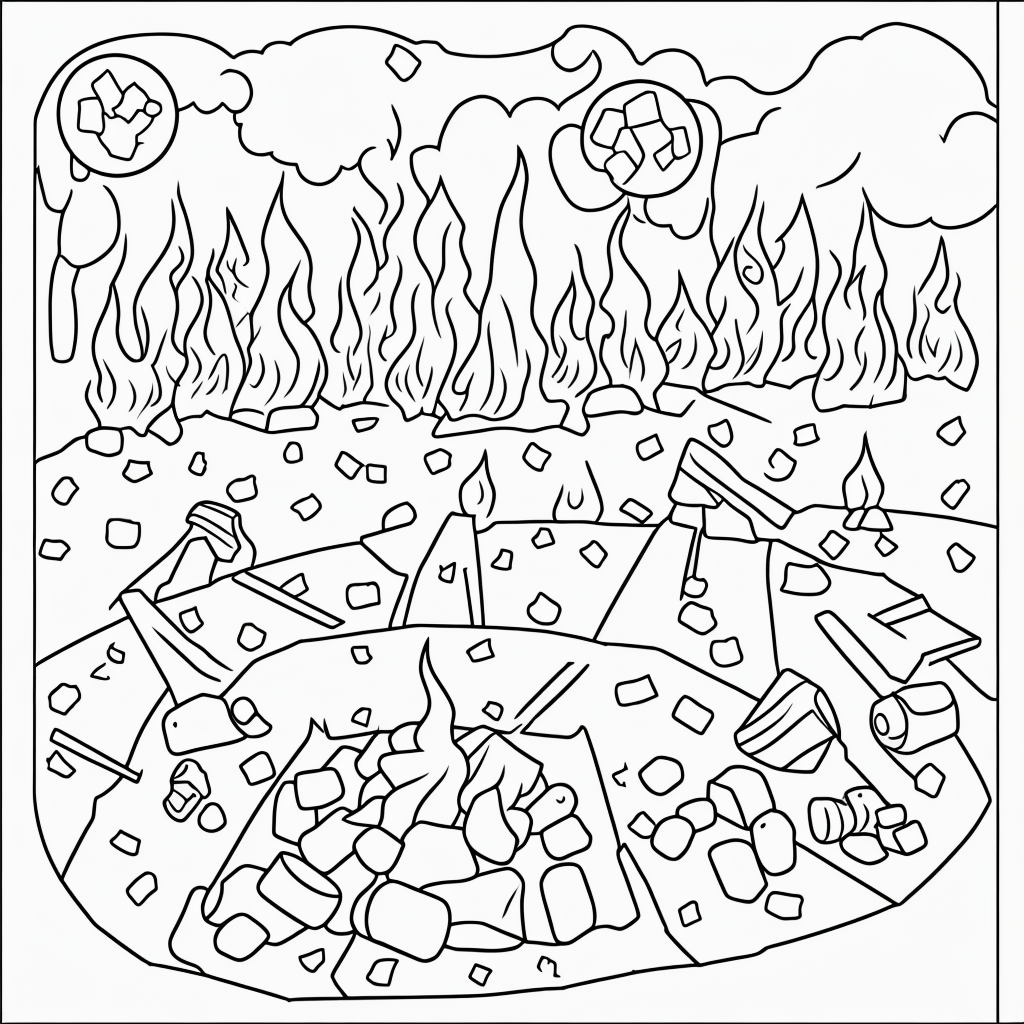 Fun Campfire Coloring Page for Kids with Marshmallows