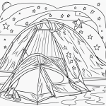 A simple black and white coloring page depicting a camping tent under a starry night sky, designed for kids to color with clear outlines and no shading.