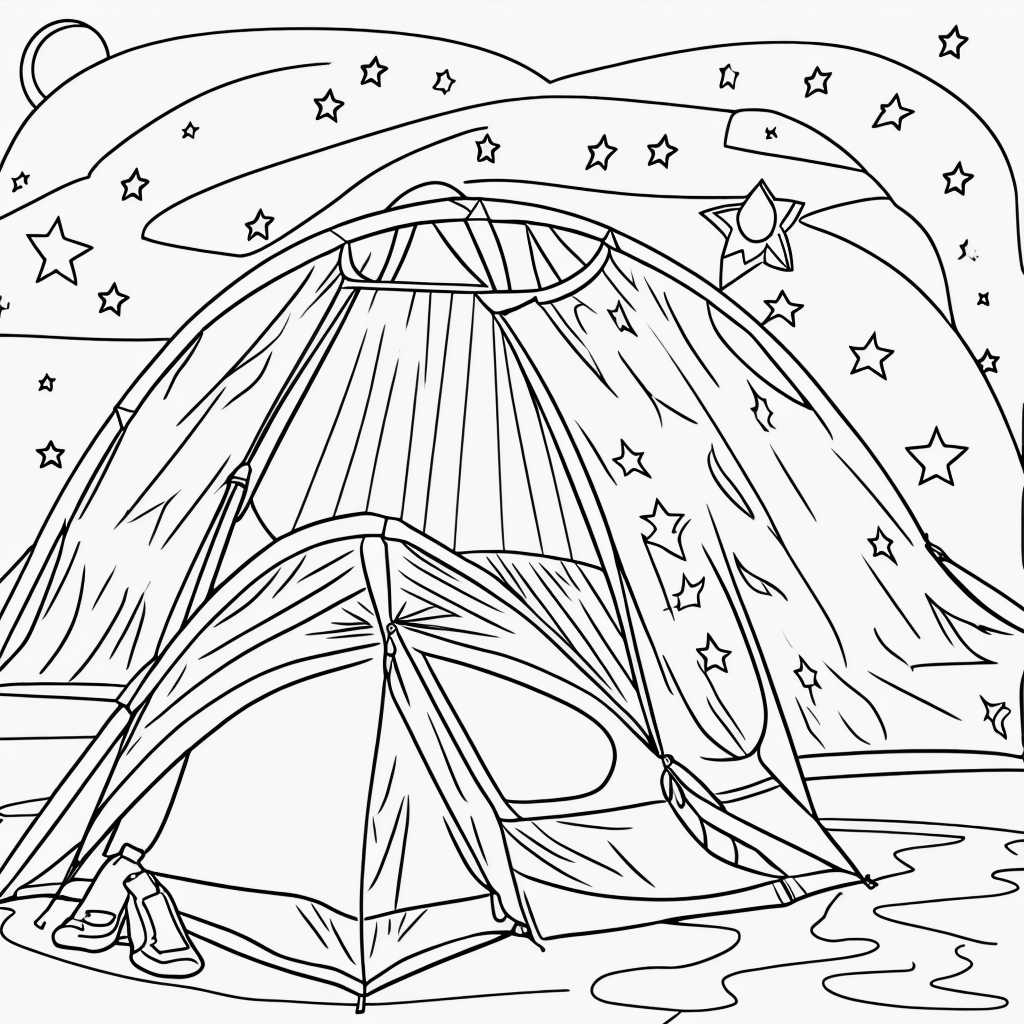 Charming Kids Coloring Page: Camping Tent Under Stars