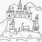 A simple black and white castle coloring page for kids, featuring clear outlines and surrounding clouds, perfect for a children's coloring book.