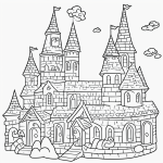 Black and white coloring page depicting a castle guarded by dragons, with clear outlines suitable for children's coloring activities and creative play.