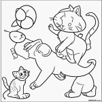 A simple black and white coloring page for kids featuring a cat playfully chasing a butterfly. The line art has clear outlines and no shading, perfect for coloring.