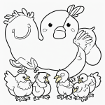 Black and white coloring page featuring a simple line art drawing of a chicken with baby chicks, suitable for children.