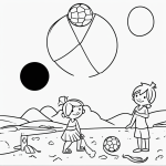A simple black and white coloring page for kids featuring children playing with a beach ball, designed with clear outlines and no shading, suitable for coloring books.