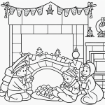 A simple black and white coloring page of Christmas stockings hanging from a fireplace, designed for kids with clear outlines and no shading.