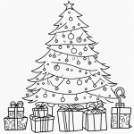A simple black and white coloring page of a decorated Christmas tree with presents, designed for kids to color, featuring clear outlines and no shading.