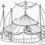 A simple black and white line art of a circus tent designed for kids to color. Perfect for coloring books with clear outlines and no shading.