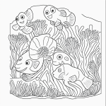 Black and white line art of clownfish in anemones, ideal for kids' coloring activities, featuring clear outlines and no shading for easy coloring.