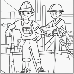 A black and white coloring page for kids featuring a construction worker in a hard hat with clear outlines, suitable for coloring fun.