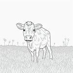 Black and white cow coloring page for kids, featuring simple line art of a cow in a field, perfect for young artists to explore creativity and coloring.
