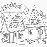 A simple black and white coloring page of a cozy house in autumn, featuring clear outlines and line art, perfect for kids' coloring books.