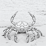 Black and white line art of a crab on the beach, ideal for kids' coloring activities with clear outlines and no shading.