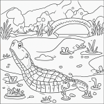 Simple black and white coloring page of a crocodile swimming in a river, designed for kids' coloring books with clear outlines and no shading.
