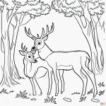 A simple black and white coloring page featuring a deer in the woods, designed for kids with clear outlines suitable for a coloring book.