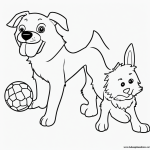 Black and white coloring page of a dog playing with a ball, designed for kids, featuring clear outlines and simple line art suitable for coloring.