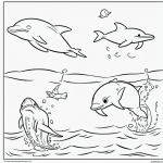 Black and white dolphin coloring page for kids featuring a dolphin jumping out of water with clear outlines, ideal for coloring books and creative activities.
