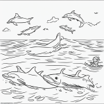 Black and white coloring page of dolphins joyfully jumping near a boat, perfect for kids' creativity and fun, with clear outlines for easy coloring.