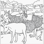 Black and white coloring page of a donkey carrying hay, with clear outlines suitable for kids' coloring books.