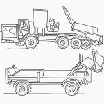 Black and white coloring page of a dump truck carrying rocks, designed for kids to color, with clear outlines and simple line art suitable for coloring books.