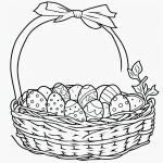 A simple black and white Easter basket filled with eggs, perfect for kids coloring, featuring clear outlines in line art style.