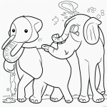 Line art of elephants spraying water, perfect for kids' coloring activity with clear outlines and no shading, ideal for coloring books.