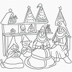Black and white coloring page of elves making toys in Santa's workshop, featuring clear outlines suitable for kids' coloring book activities.