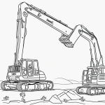 A simple black and white coloring page featuring an excavator digging dirt, designed for kids to color with clear outlines and no shading.