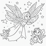 A simple black and white coloring page depicting a fairy flying with sparkles, designed for kids, with clear outlines suitable for coloring.