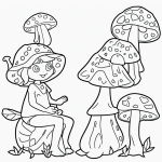 A charming fairy sitting on a mushroom, black and white line art, perfect for kids to color and enjoy in a coloring book or as a printable activity.
