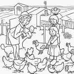 A black and white coloring page depicting a farmer feeding chickens. This line art is perfect for kids, with clear outlines and no shading, ideal for coloring.