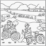 Black and white coloring page of a farmer driving a tractor, featuring clear outlines and simple line art, perfect for kids to enjoy and color.
