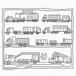 A simple black and white coloring page of a fire station with trucks, featuring clear outlines for kids to color in a coloring book.