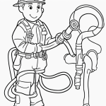 A simple black and white coloring page featuring a firefighter holding a hose, designed for kids with clear outlines and no shading, perfect for coloring.