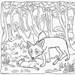 Black and white coloring page of a fox in the forest, designed for kids, featuring clear outlines and suitable for a coloring book adventure.