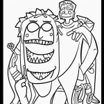 A simple black and white coloring page of Frankenstein smiling, designed with line art and clear outlines, perfect for kids' coloring books and creative activities.