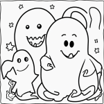 A simple black and white coloring page showing a friendly ghost saying 'boo', designed for kids to color, with clear outlines and no shading.