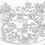 A simple black and white coloring page for kids featuring frogs jumping in a pond with clear outlines, perfect for a children's coloring book.