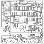 Black and white coloring page of a garbage truck on the street, featuring clear outlines suitable for kids to color and enhance creativity.