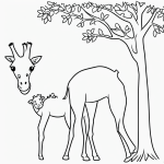Black and white coloring page of a giraffe eating leaves from a tree, designed for kids with clear outlines and simple line art, perfect for coloring books.