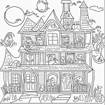 A simple black and white coloring page of a haunted house with bats, perfect for kids, featuring clear outlines and suitable for a Halloween coloring book.