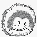 A simple black and white coloring page featuring a hedgehog curled up, with clear outlines and no shading, perfect for children to color in a coloring book.