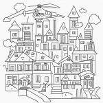 A simple black and white coloring page of a helicopter flying above a city, designed with clear outlines suitable for kids to color.